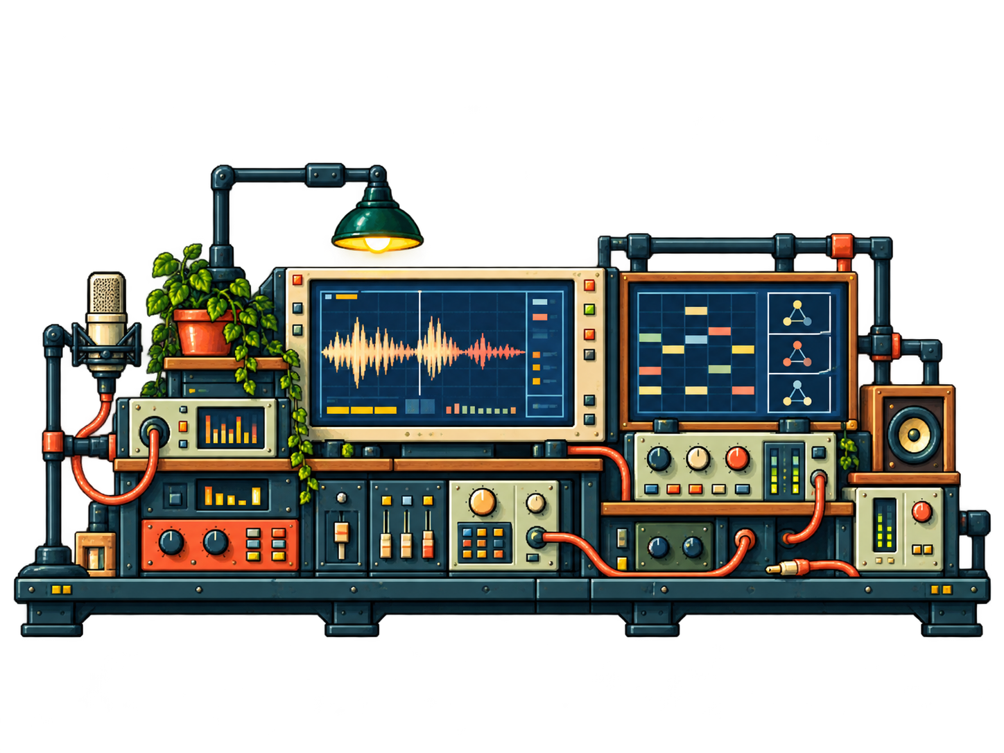 A side-on music technology test bench connects an audio input, waveform display and musical analysis modules.