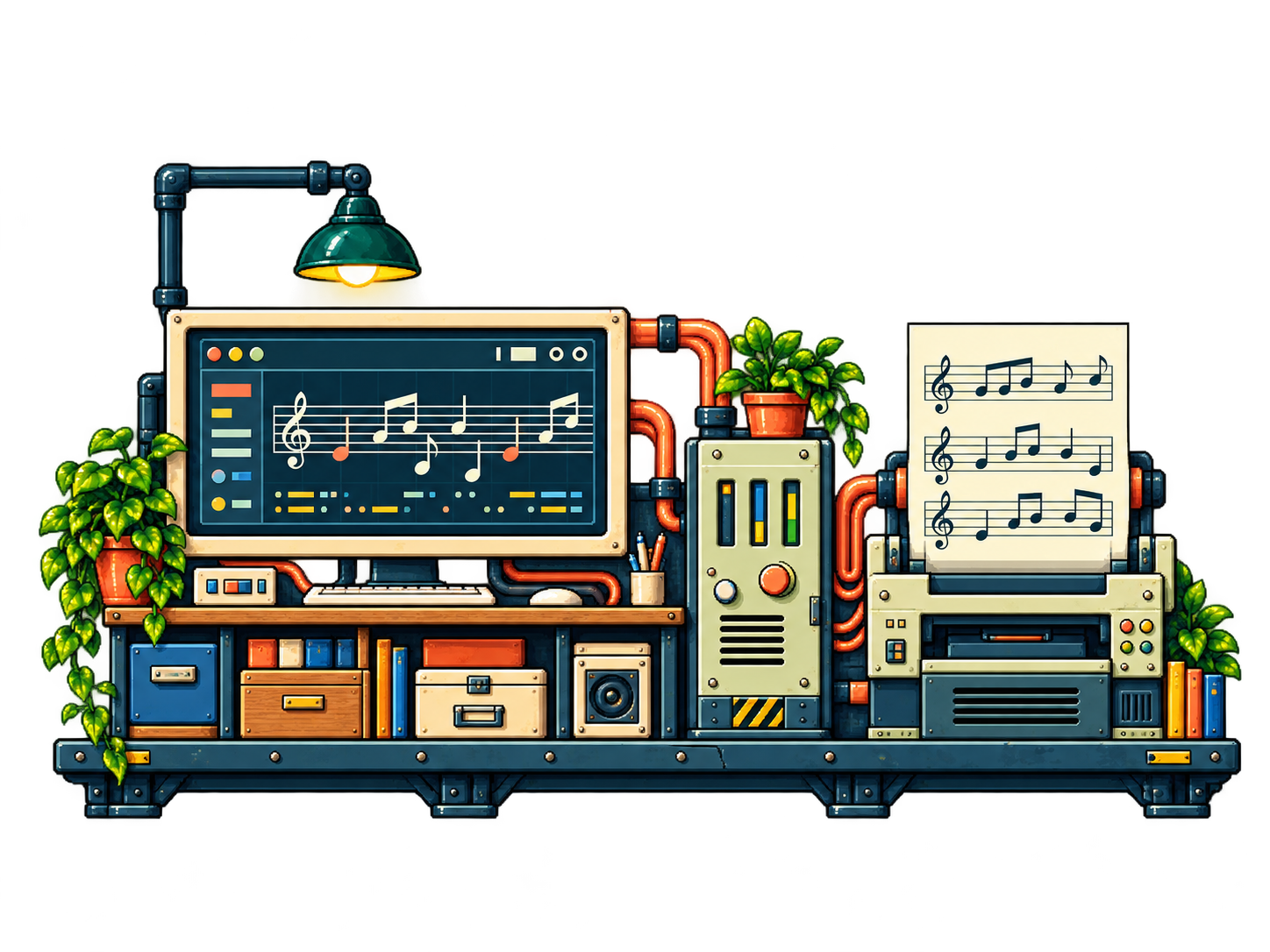 A front-facing browser music system connected to a sheet-music printer.